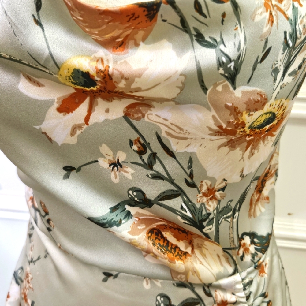 Cider Green Satin Multicolor Floral Asymmetrical Midi Slip Dress,Medium,NWT - Picture 4 of 16